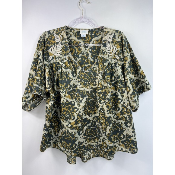 Sigrid Olsen Tops - Sigrid Olsen Top Women's Sz M Green/Beige Print Hi Low‎ Hem Embroidered